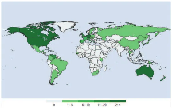 Figure 4: Carte Mondiale des Syst`emes de Monnaies Compl´ementaires (2014) Com- Com-plementary Currency Resource Center (2014)