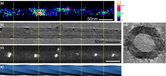Figure  2:  Images  of  a  BN  nanotube:  (a)  3nm  spatially  resolved  CL  image  recorded  at  5.49 eV  (226 nm); (b), (c) Corresponding TEM images in (b) bright-field mode, and (c) dark-field mode on the  (100) reflection