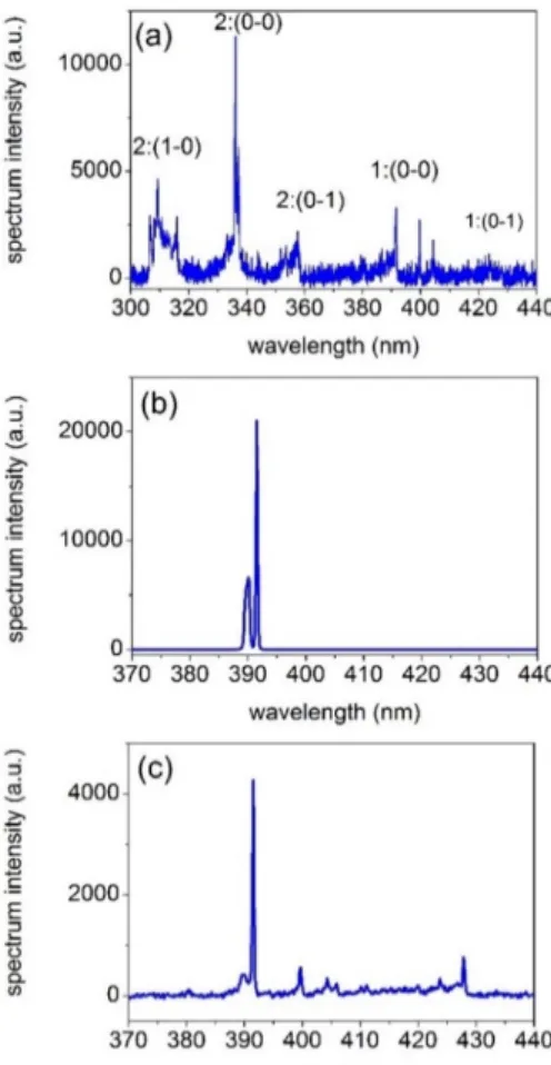 Fig. 2. Spectrum of the side fluorescence (a), forward (b) and backward (c) signal from the nitrogen plasma