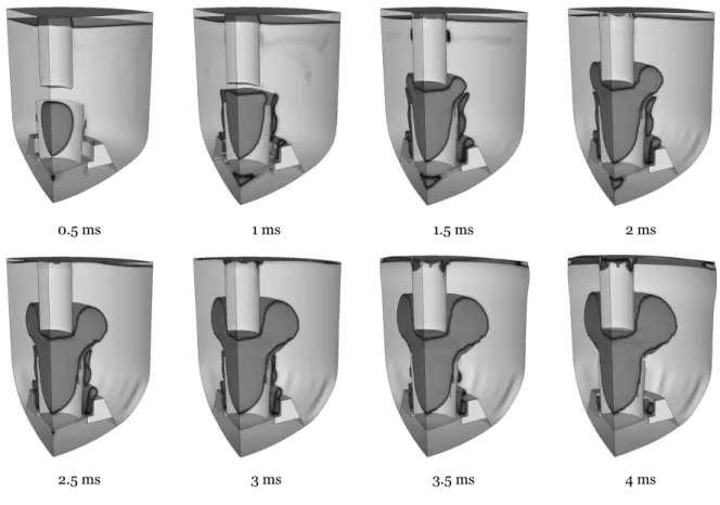 Figure 14 presents results in terms of structural deformed shape and density field in fluid