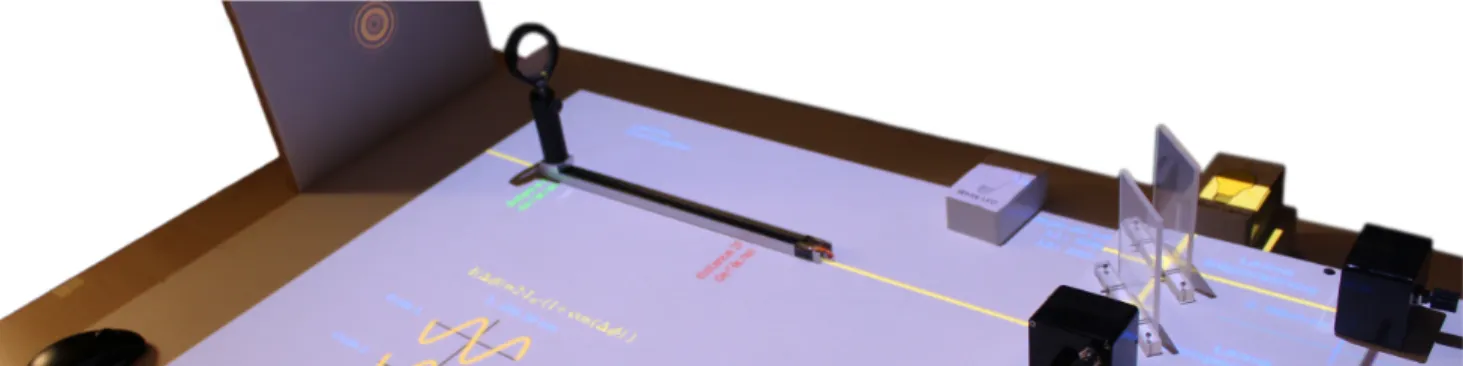 Figure 1. Simulation and augmentation of a Michelson interferometer experiment. Physical and digital content are merged in a unique environment.