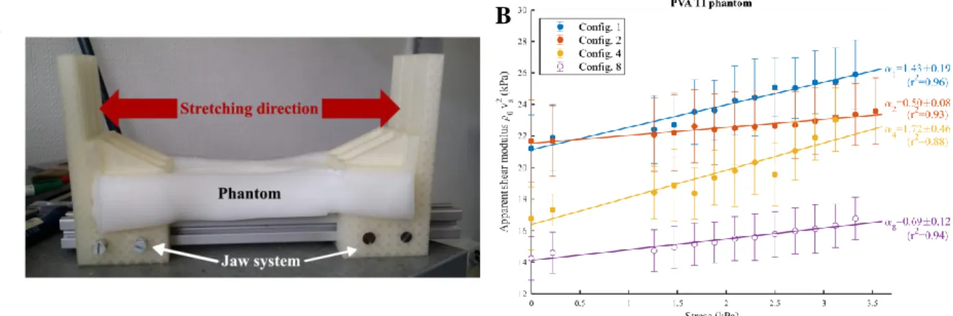 Fig. 3.  2 AE experiments on TI PVA phantoms. (A) Experimental setup used to stretch the PVA phantom during the 3 anisotropic freezing-thawing cycles