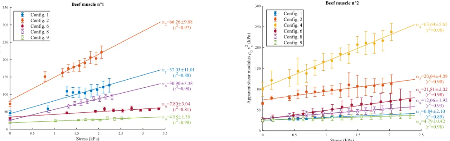 Fig. 4.  AE experiment results on 2 ex vivo bovine muscular tissues. Measured apparent shear modulus of 2 bovine muscular tissues as a function of the applied  stress for each measured configuration