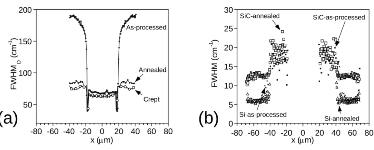 Figure 2: FWHM profiles across the SCS-6 filaments (a) D band, (b) SiC-TO peak 