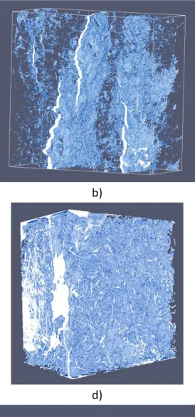 Figure 4: Representative 3D reconstructed computed tomography X-ray image of some  of the samples tested in this study: a) reference SiC (555mm 3 ); b) cracked SiC  (10105mm 3 ); c) SiC+10%vol
