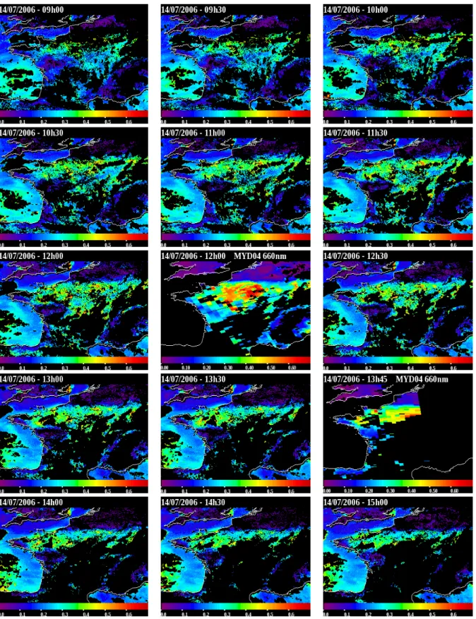 Fig. 8. Maps of aerosol optical thickness retrieved by SEVIRI at 0.6 µ m for the 14 July 2006 above France, Benelux and West Germany from 9:00 to 15:00