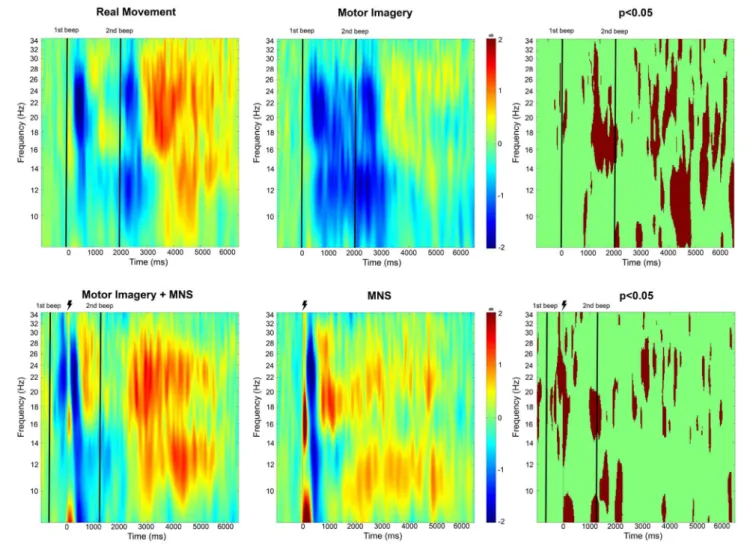 FIGURE 4 | Time-frequency grand average analysis (ERSP) for Real movement, Motor Imagery, Motor Imagery + MNS, and MNS conditions for electrode C 3 