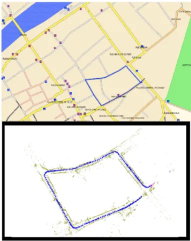 Fig. 12. ”street” sequence a) top: a city map with the trajectory in blue b).