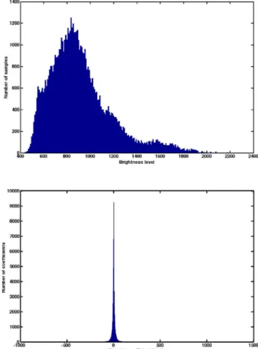 Fig. 1. Histogram of simulated dust emission at 857 GHz in pixel do- do-main (top), and wavelet dodo-main at the (bottom)