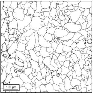 Fig. 4. 2D grain size distributions. Black: mea- mea-sured in Fig. 3. Light blue, green, red: Voronoi, Johnson-Mehl and modified Johnson-Mehl models respectively.