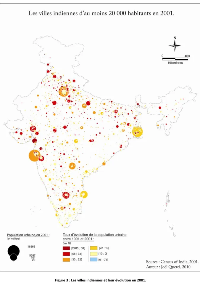 Figure 3 : Les villes indiennes et leur évolution en 2001. 