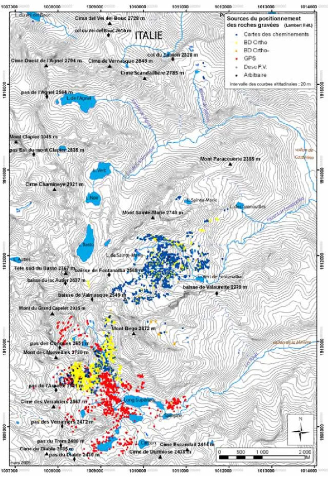 Fig. 3. Sources du positionnement des 4 236 roches protohistoriques du site du mont Bego (mars 2009)