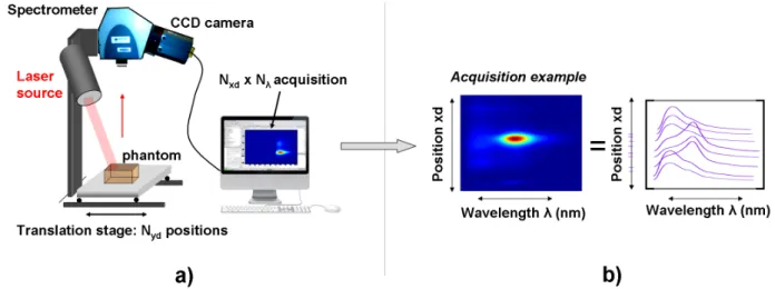 Figure 1. a) Scheme of the experimental set-up b) Example of an N xd × N λ acquisition