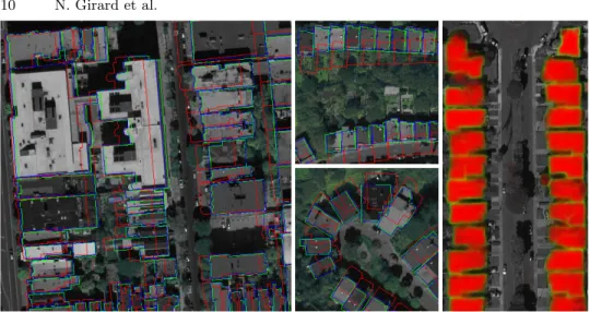 Fig. 5: Several crops of test images. Green buildings: ground truth; red: mis- mis-aligned [input]; blue: aligned [our output]