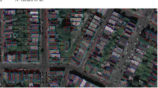 Fig. 1: Crop of one of the test images. Green buildings: ground truth; red: mis- mis-aligned [input]; blue: aligned [our output].
