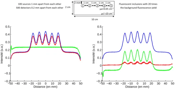 Figure 5. Intensity profiles comparison: left: — raw fluorescence F , - - - autofluorescence, — local param- param-eters fit of the fluorescence M 1 , — global parameters fit of the fluorescence M 2 ; right: — F , — (F − M 1 ),