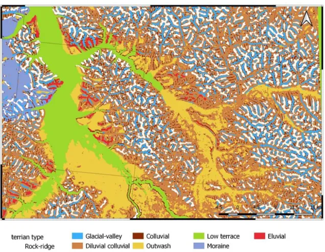 Figure 5. Permafrost landscape terrain type map by ASTER GDEM/ Scale 1:500 000