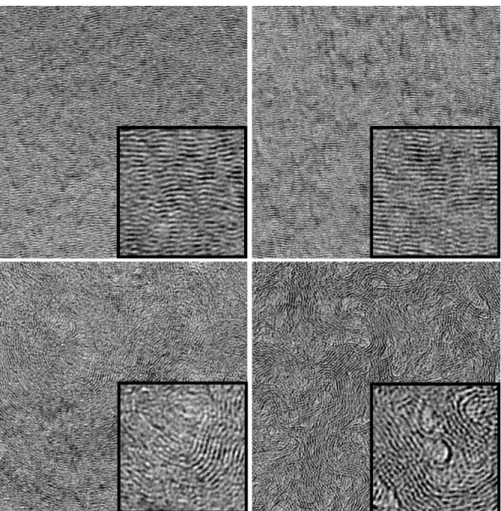 Figure 6: raw HRTEM images of various carbons: upper left ReL, upper right RL, bottom left  SL and bottom right C Fiber 