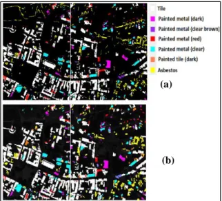 Figure  4:  (a)  Urban  objects  identification  by  spectral  library,  (b)  morphological  rectification  for  misclassifications compensation.