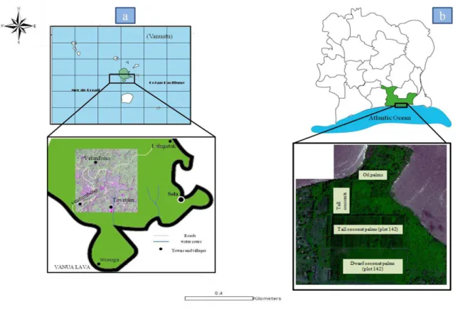 Figure 1: Study sites; a: Vanua Lava; b: Marc Delorme Research Station). 