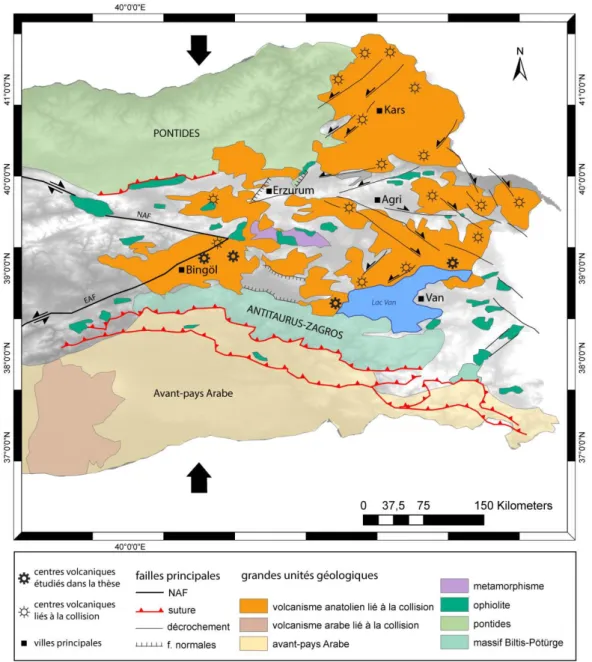 Figure   2   :   Volcanisme   Néogène   Quaternaire   lié   à   la   collision   en   Anatolie   orientale   (modifié   d'après   Keskin,   1998   et   Bozkurt,   2001) 