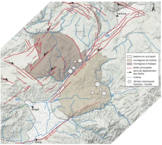 Figure   9:   Segment   Karl ı ova ­ Bingöl   et   bassin   en   pull ­ apart   de   Bingöl   (données   tectoniques   :   Emre   et   al.,   2003   ;   fond   topographique : google earth) 