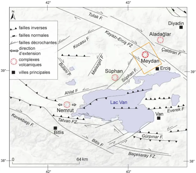 Figure 1 : Carte de localisation du complexe volcanique du Meydan, dans le contexte géodynamique de la région du lac de 