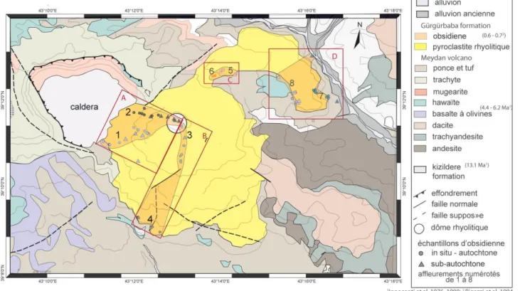 Figure   4:   Carte   de   localisation   des   échantillons   in   situ   et   remaniés,   dans   leur   contexte   géologique   (modifié   d'après   Arslan,   1994) 