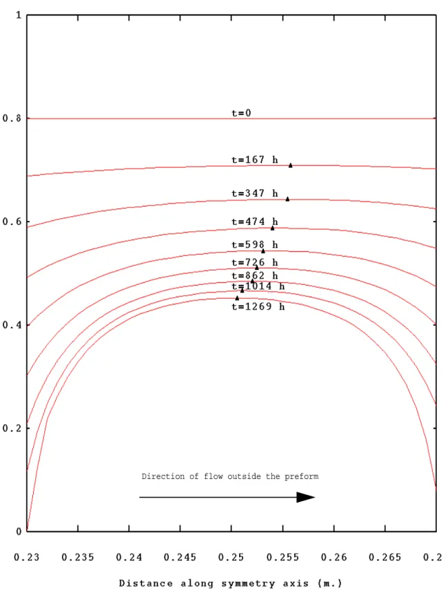 Figure 3 : Time evolution of the porosity in the preform along the symmetry axis.