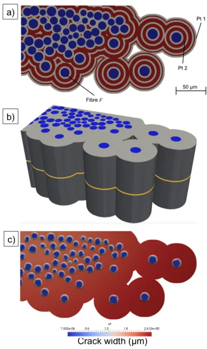 Figure 6: Description of the geometry of the example problem. a) Localization of the phases (the dark blue disks are the fibers sections, the concentric rings are respectively the sealing matrix in dark red and the inert matrix in light grey)