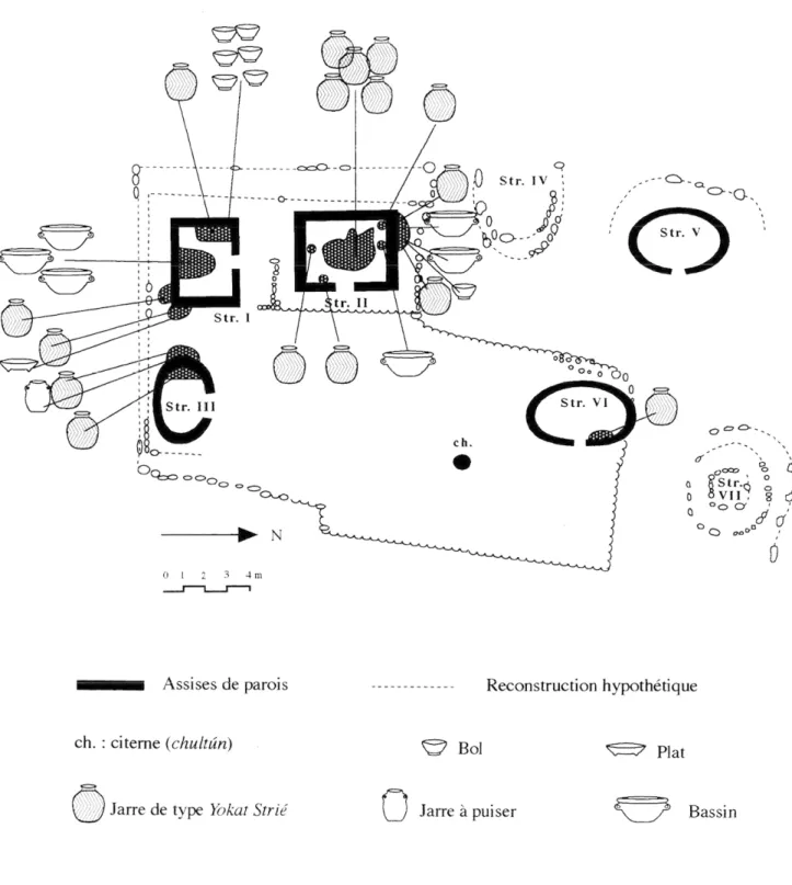 Fig. 7: La plate-forme du Cabrio, Kabah; localisation des poteries identifîées. 