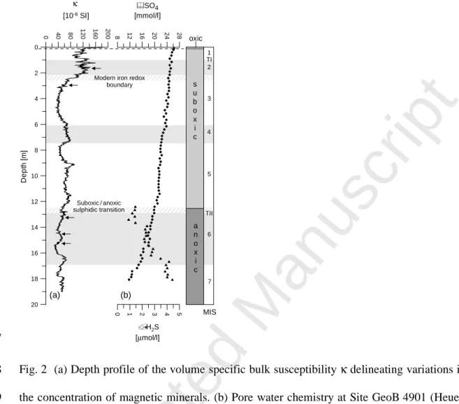 Fig. 2  (a) Depth profile of the volume specific bulk susceptibility κ delineating variations in 948 