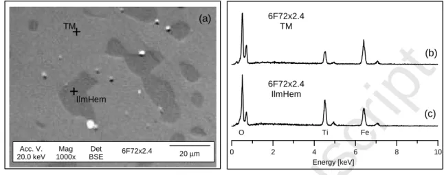 Fig. 3   (a) Backscattered electron micrograph of synthetic sample 6F72x2.4, light grey areas 957 