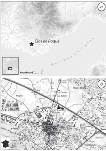 Fig. 1 : Cartes de localisation du gisement du Clos de Roque,  Saint-Maximin-la-Sainte-Baume  (Var)  en  Provence  (crédits  cartographiques : a – H