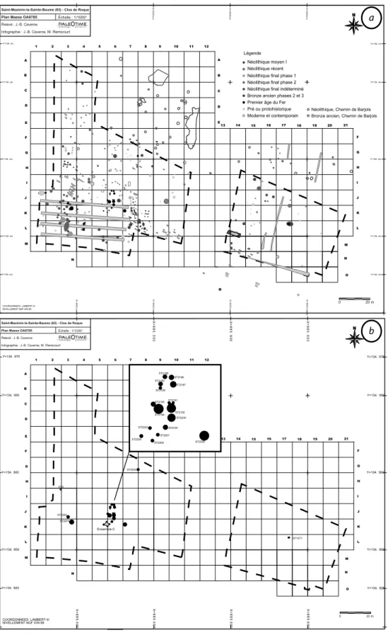 Fig. 2 : a – Plan général des structures mises au jour sur l’emprise de fouilles du Clos de Roque et du Chemin de Barjols (d’après Cockin, Furestier 2009 ; Laurier 2010) ; b – Plan des structures attribuables au premier âge du Fer sur l’emprise