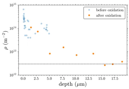 Figure 10: Dislocation density-depth profile measured in annealed (coarse-grained), ground Ni–30Cr specimen after 789 h at 550 ◦ C in dry air