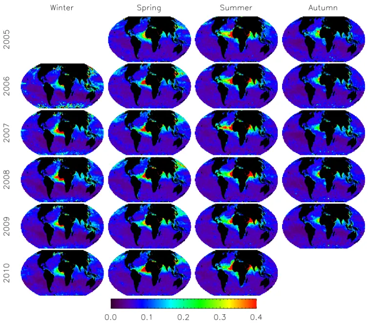 Fig. 1. AOD at 550 nm resulting from the non-spherical coarse mode. Seasons are ordered from the left to the right (winter, spring, summer, autumn, respectively); years from the top to the bottom (from 2005 to 2010).