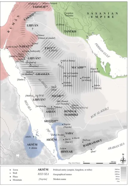 Figure 3: A political map  of Arabia and the Middle  East showing the tribes  and kingdoms mentioned  in inscription Jabal Riyām  2006-17 (© A