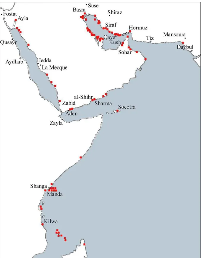 Fig. 2 = diffusion des céramiques abbassides dans l’océan Indien occidental (IX-XIe siècles)