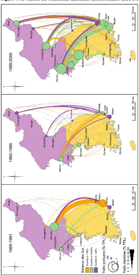 Figure 4 : Evolution des connexions maritimes intercoréennes entre 1985 et 2005 (Unité : % TPL) 
