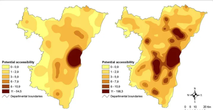 Figure 5 Potential accessibility surfaces for hyper/supermarkets (left) and bakeries (right)