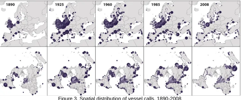 Figure 3. Spatial distribution of vessel calls, 1890-2008  N.B. circles are proportional in size to the volume of vessel calls 