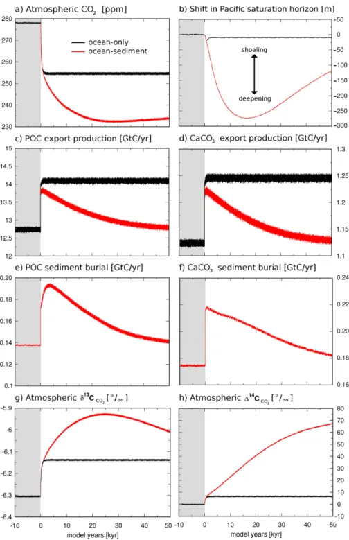 Fig. 4. Strengthening of the marine biological cycle: Simulated response to an abrupt 30 %-increase in the ocean’s phosphate content.