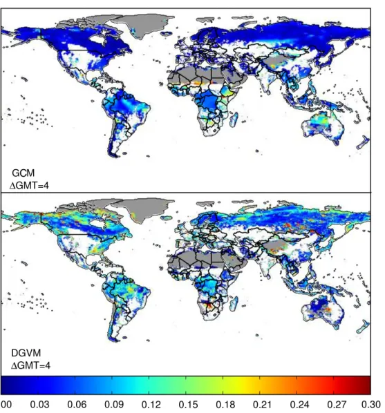 Figure 5. Spread in 0 across GCMs (top) and ecosystem models (EM, bottom) at 1GMT = 4 ◦ C for the RCP 8.5 runs