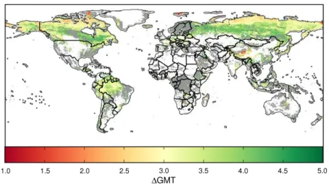 Figure 4. Median 1GMT (averaged over a 30-year window), across all ecosystem models and RCP 8.5 climate runs (ensuring that all runs reach 1GMT = 4 ◦ C), at which the ecosystem is projected to first be at risk of severe change (0 &gt; 0.3, during the perio