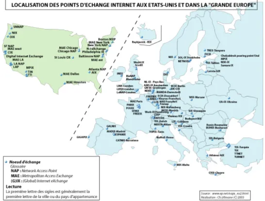 Fig. 4 / Localisation des points d’échange internet aux Etats-Unis et dans la « Grande Europe » Les modèles de l’interconnexion