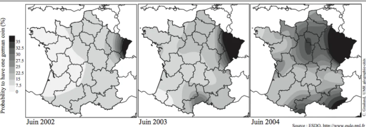 Figure 11 : Modelization of German coins diffusion in France by gravity model (2002-2004) 