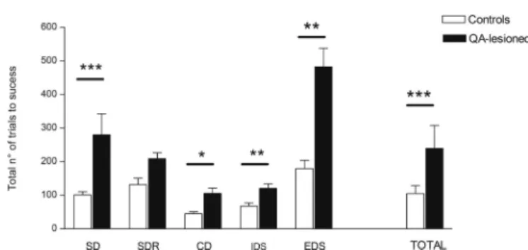 Fig. 4. Cognitive performance on end-point de novo learning of the Intra-extra dimensional set-shifting (IEDS) task in QA-lesioned NHPs (black bars) and healthy intact controls (white bars).