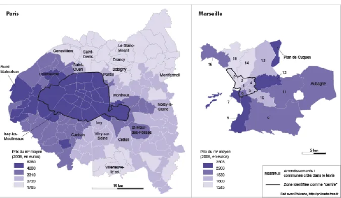 Figure 2 : La valeur du mètre carré de l’ancien, dans le centre et la proche banlieue de  Paris et Marseille (2006)  