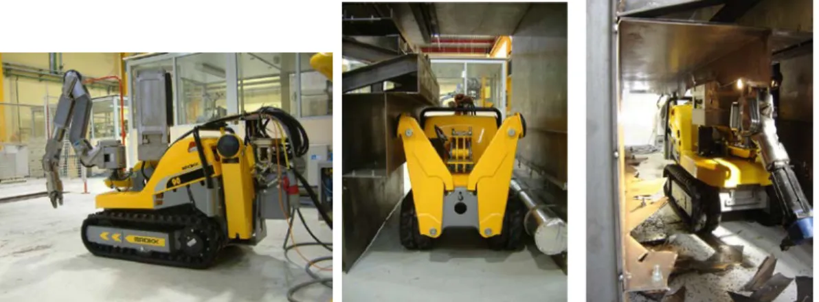 Figure 7: a) Brokk 90 equipped with an on-board controller and the Cybernétix Maestro arm; b) the  machine in the technical gallery mock-up; c) in action with a nibbler
